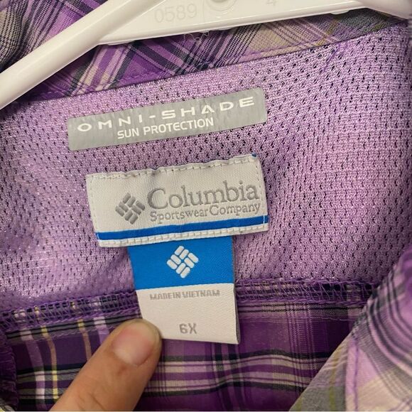 Columbia girls Youth Purple plaid cap sleeve Omni Shade button snap shirt 6X - Picture 6 of 8